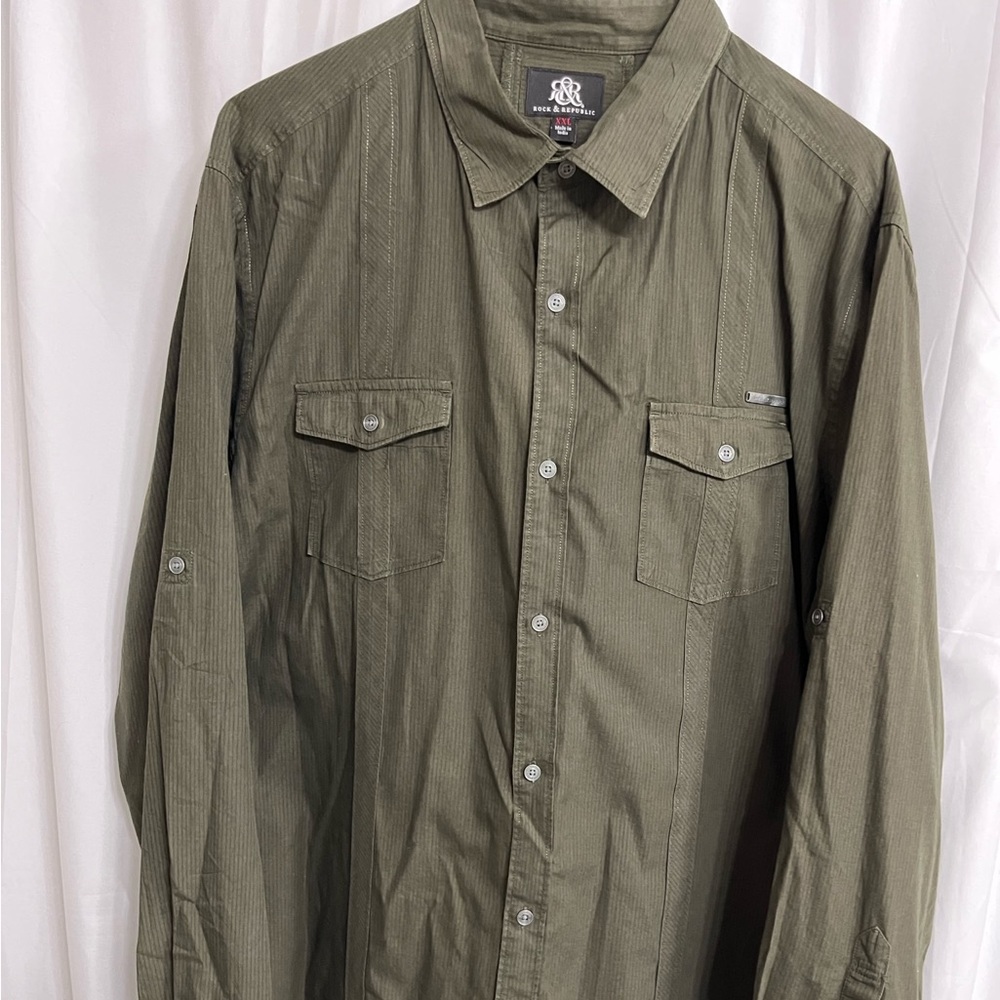 Rock & Republic Shirt XXL ARMY GREEN L/S Button Up Rock & Roll Mens